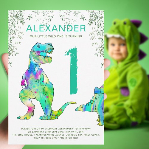 Colorful Dinosaur 1st Birthday Party Invitation