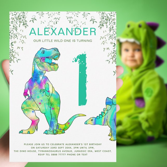 Colorful Dinosaur 1st Birthday Party Invitation (Wild one boy’s dinosaur 1st birthday party invitation colorful T-Rex and stegosaurus modern dino fun)