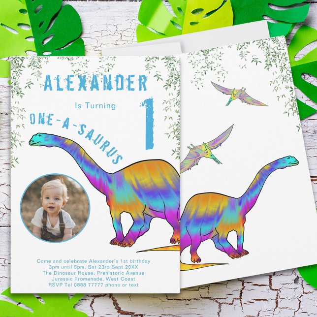 Colorful Dinosaur 1st Birthday Party Invitation (Colorful dinosaur one a saurus 1st birthday party invitation watercolor dinos and photo template )