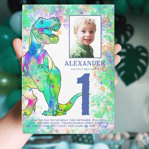 Colorful Dinosaur 1st Birthday Party Invitation Postcard