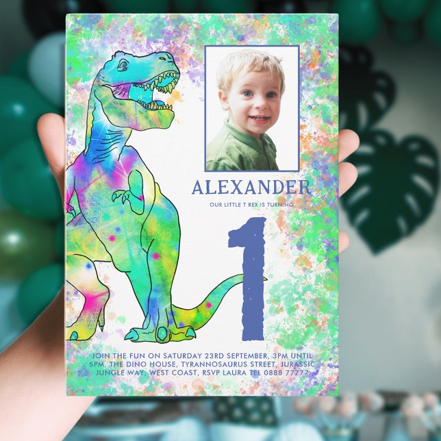 Colorful Dinosaur 1st Birthday Party Invitation Postcard (Colorful dinosaur 1st birthday party budget invitation with photo template and watercolor T-Rex dino)