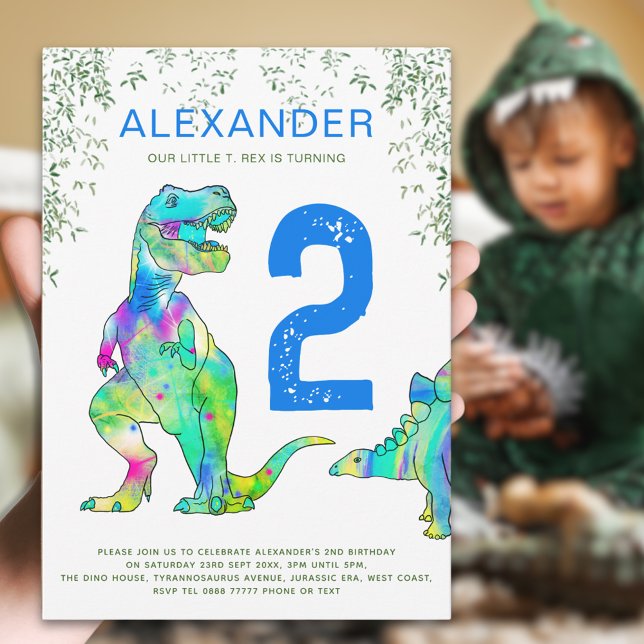 Colorful Dinosaur 2nd Birthday Party Invitation (Colorful dinosaur 2nd birthday party invitation with watercolor T-Rex and stegosaurus dino)