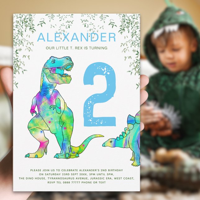 Colorful Dinosaur 2nd Birthday Party Invitation (Colorful dinosaur 2nd birthday party invitation invitation blue green watercolor T-Rex & Stegosaurus)