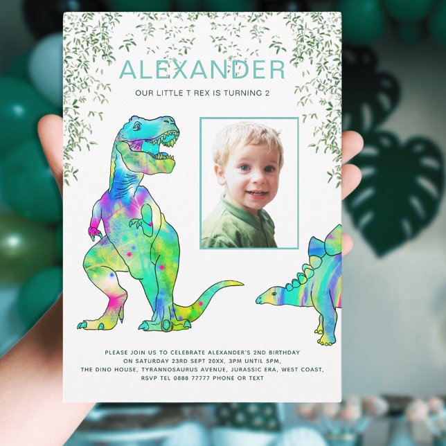 Colorful Dinosaur 2nd Birthday Party Photo Invitation (Dinosaur jungle 2nd birthday party invitation with photo template & colorful T-Rex dino watercolor )