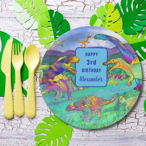 Colorful Dinosaur 3rd Birthday Party add Name Paper Plates