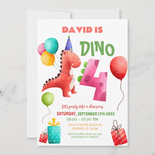Colorful Dinosaur 4th Birthday Dino Party  Invitation (Front)