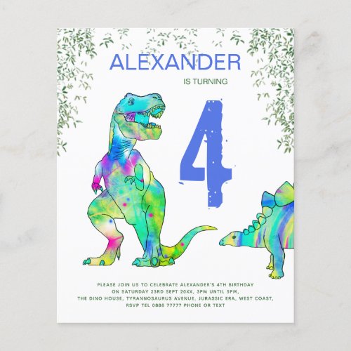 Colorful Dinosaur 4th Birthday Party Budget Flyer