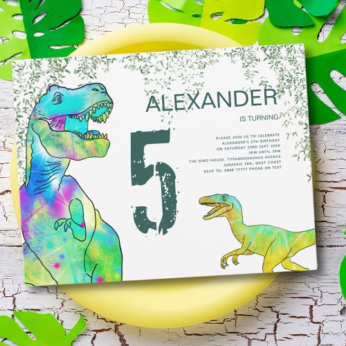Colorful Dinosaur 5th Birthday Party Invitation