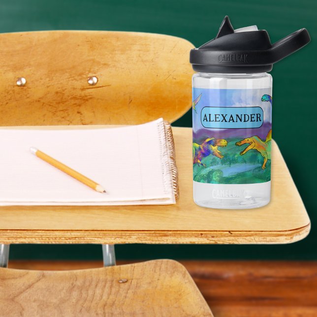 Colorful Dinosaur add Name School Water Bottle (Dinosaur add name school water bottle colorful Jurassic watercolor T-Rex brontosaurus stegosaurus )