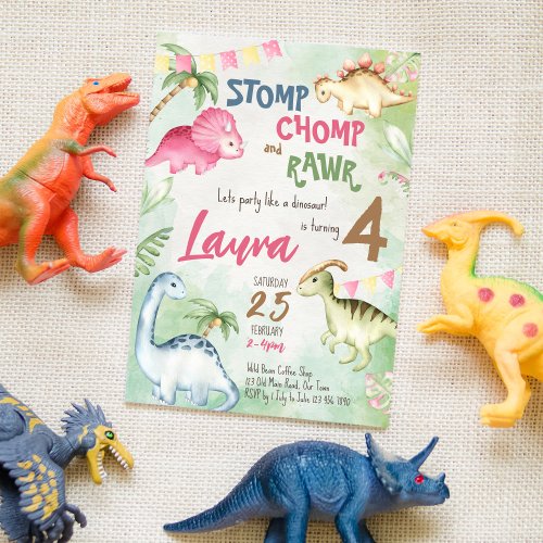 Colorful dinosaur birthday party invitation