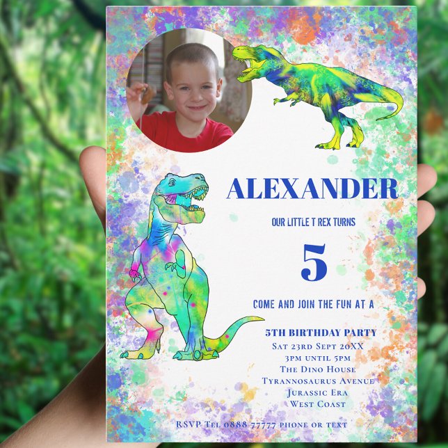 Colorful Dinosaur Birthday Party Invitation (T-Rex colorful watercolor dinosaur 5th birthday party photo invitation )