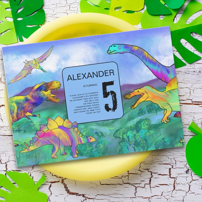 colorful dinosaur birthday party invitation (Dinosaur 5th birthday party invitation colorful watercolor T-Rex velociraptor stegosaurus pterodacty)