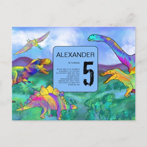 colorful dinosaur birthday party invitation postcard