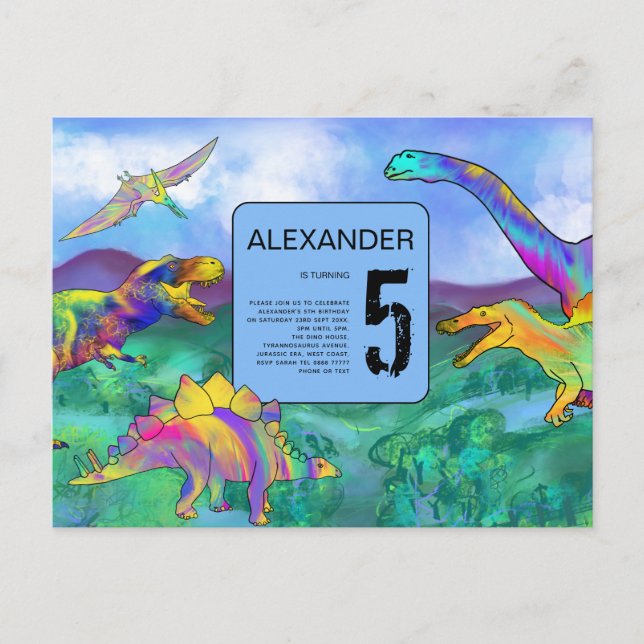 colorful dinosaur birthday party invitation postcard (Front)