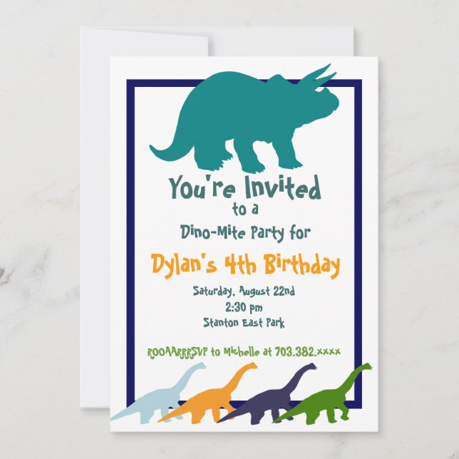 Colorful Dinosaur Birthday Party Invitations (Front)