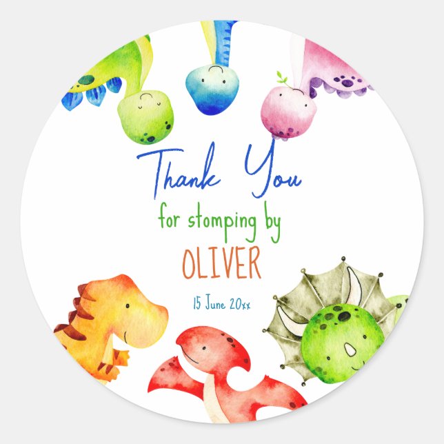 Colorful dinosaur birthday party personalized classic round sticker (Front)