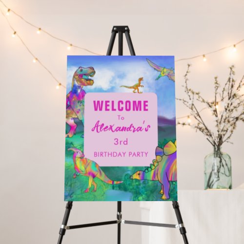 Colorful dinosaur birthday party welcome pink foam board