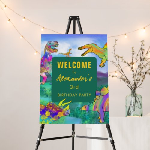 Colorful dinosaur birthday party welcome sign