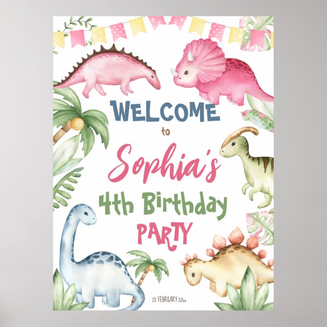 Colorful dinosaur birthday party welcome sign (Front)