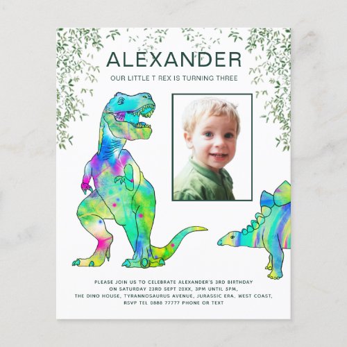 colorful dinosaur boys birthday party photo flyer
