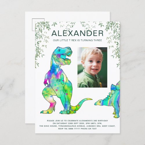 colorful dinosaur boys birthday party photo invitation postcard