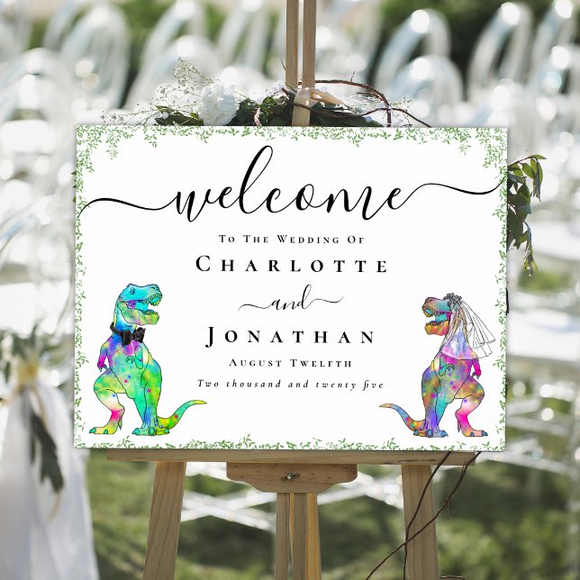 Colorful Dinosaur Bride & groom Wedding Welcome Poster (Dinosaur bride and groom custom wedding welcome sign poster Watercolor greenery & colorful T-Rex )