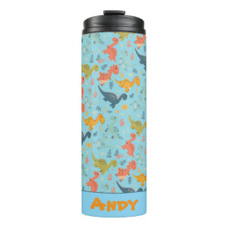 Colorful dinosaur cartoon blue pattern name thermal tumbler