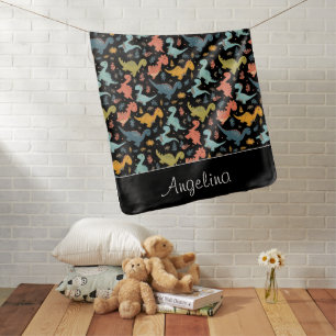 Colorful dinosaur cartoon cute pattern black name baby blanket