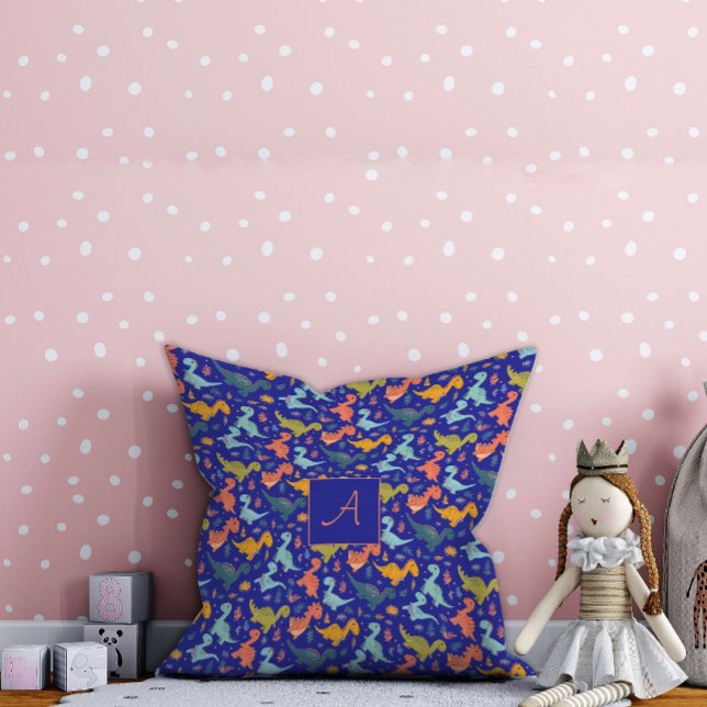 Colorful dinosaur cartoon cute pattern blue name  throw pillow (Creator Uploaded)