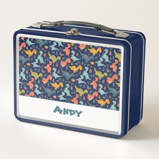 Colorful dinosaur cartoon cute pattern name  metal lunch box (Front)