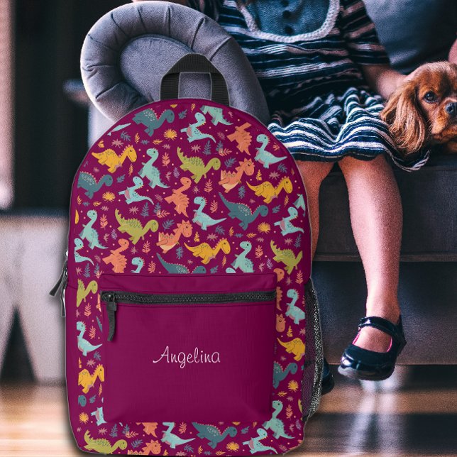 Colorful dinosaur cartoon cute pattern red name  printed backpack (Creator Uploaded)