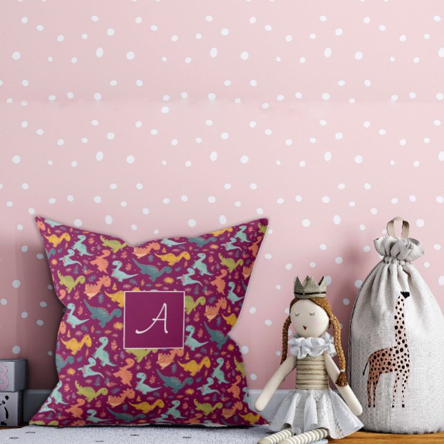 Colorful dinosaur cartoon cute pattern red name  throw pillow (Creator Uploaded)