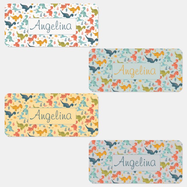 Colorful dinosaur cartoon cute pattern white name  labels (Group)
