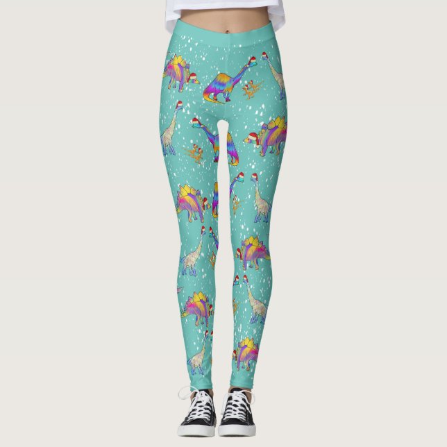 Colorful Dinosaur Christmas Leggings (Front)