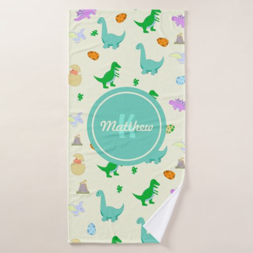 Colorful Dinosaur  Egg Pattern Kids Boys Monogram Bath Towel