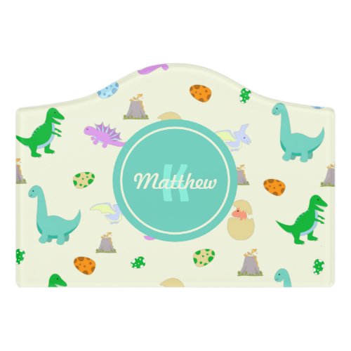 Colorful Dinosaur  Egg Pattern Kids Boys Monogram Door Sign