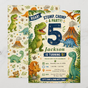 Colorful Dinosaur Fifth Birthday Invitation