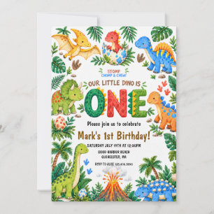 Colorful Dinosaur First Birthday Invitation