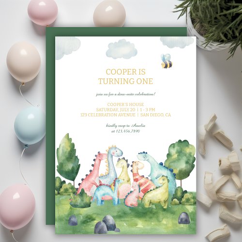 Colorful Dinosaur First Birthday Party Invitation