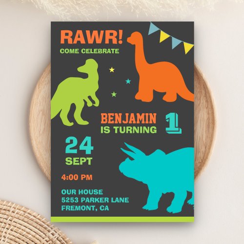 Colorful Dinosaur First Birthday Party Invitation