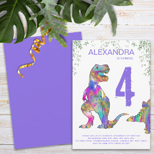 Colorful Dinosaur Girls 4th Birthday Party Invitation