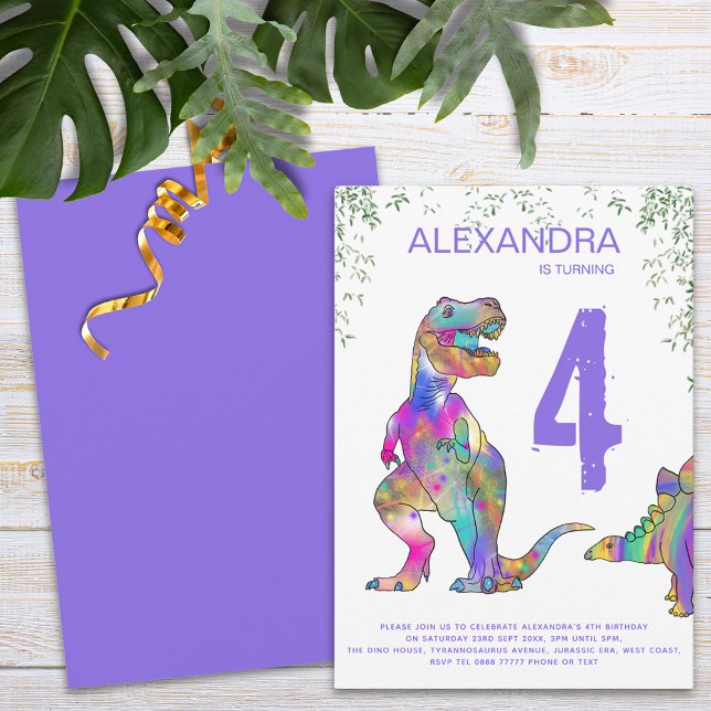 Colorful Dinosaur Girls 4th Birthday Party Invitation (Colorful dinosaur girls 4th birthday party )