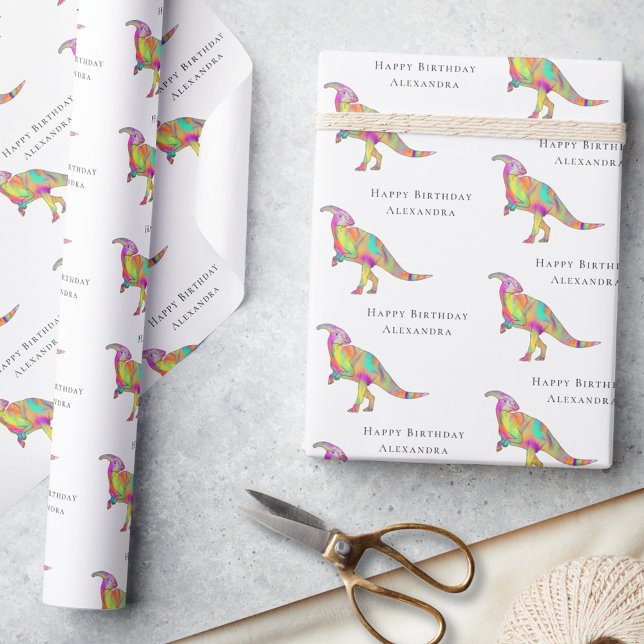 Colorful Dinosaur Happy Birthday Personalized Wrapping Paper (Cute dinosaur happy birthday personalized girl name wrapping paper Parasaurolophus Jurassic dino)