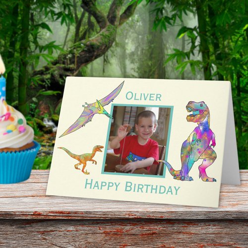 Colorful Dinosaur Happy Birthday Photo Card