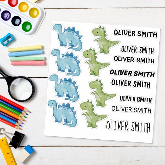 Colorful Dinosaur illustrations stickers with Name (Sticker Sheet with Cute Dinosaurs and Custom Name Stickers for Waterbottles, books, crafts adn more.)