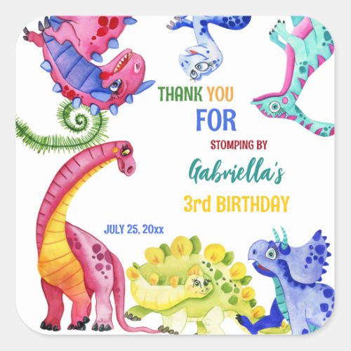 Colorful dinosaur kids birthday party personalized square sticker