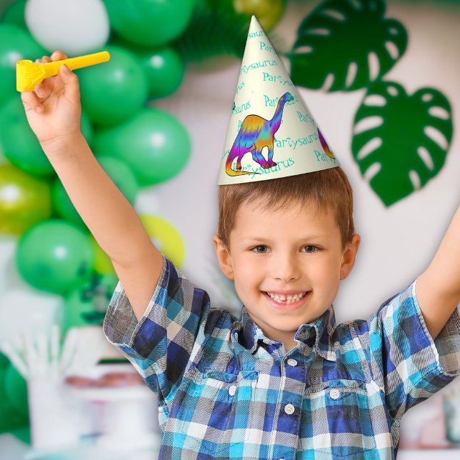 Colorful Dinosaur Partysaurus Birthday Party Hat (Colorful dinosaur brontosaurus partysaurus fun dino birthday party paper hat)