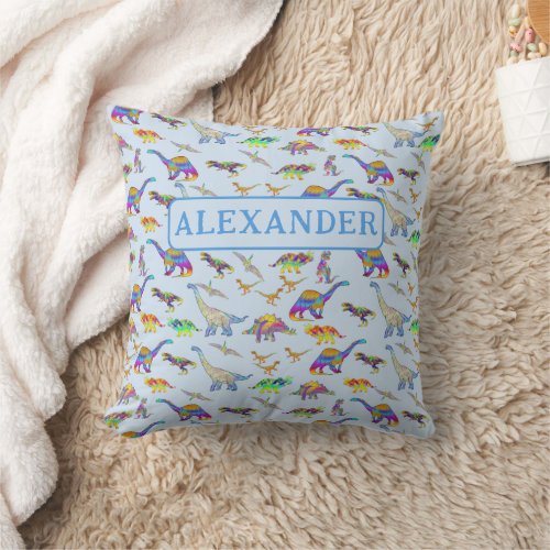 Colorful Dinosaur Pattern Add Name Throw Pillow