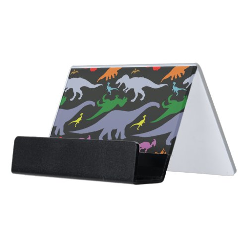 Colorful Dinosaur Pattern Dark Desk Business Card Holder