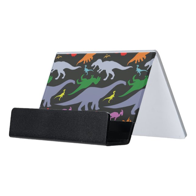 Colorful Dinosaur Pattern (Dark) Desk Business Card Holder (Angled Front)